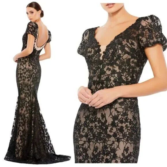 NEW Mac Duggal 50644 Lace Plunge Neck Puff Sleeve‎ Trumpet Gown Black Nude - Picture 1 of 6